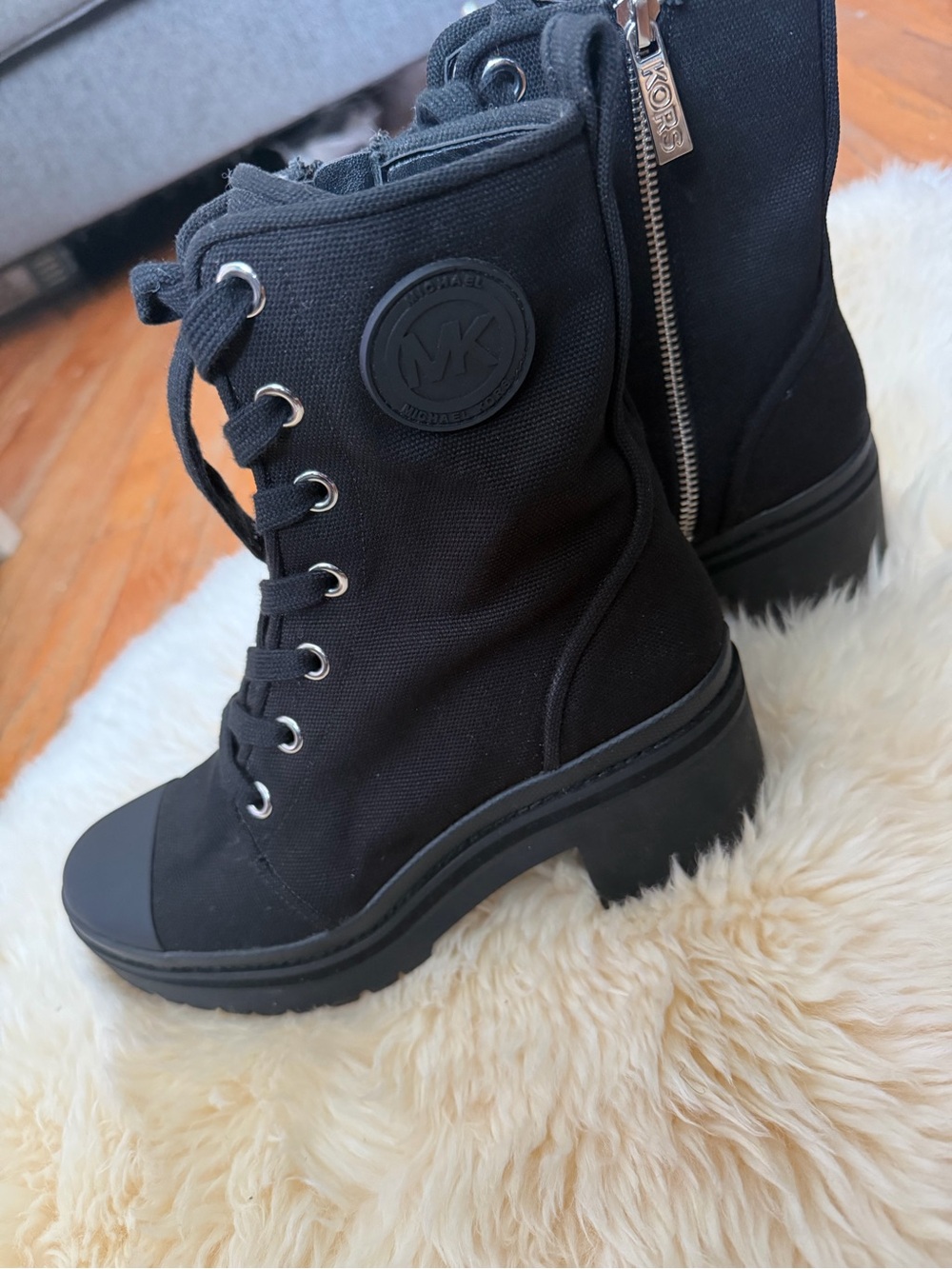 Michael Kors Black Lace-Up Platform Lug Heel Boots - Picture 5 of 8